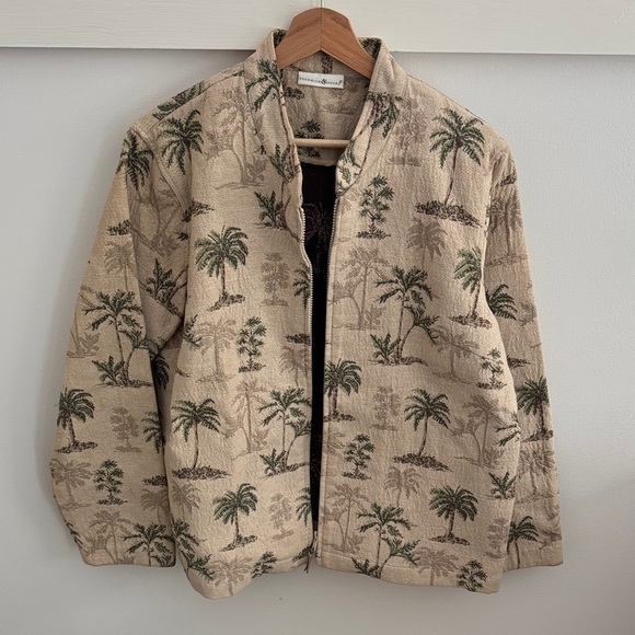 Preswick & Moore Jackets & Blazers - Vintage Palm Tree Jacket Tropical Print Zip Front Tan Green Preswick & Moore L